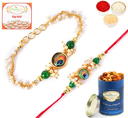 Ghasitaram Gifts Rakhis Online - Rakhi for Brother-RT-M-Pankh Bhaiya Bhabhi Rakhi with 100 gms of Dryfruits Mix Can 200 gms of Kaju katli von Ghasitaram Gifts