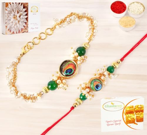 Ghasitaram Gifts Rakhis Online - Rakhi for Brother-RT-M-Pankh Bhaiya Bhabhi Rakhi with 200 gms of Besan Barfi and 200 gms of Kaju Katli von Ghasitaram Gifts