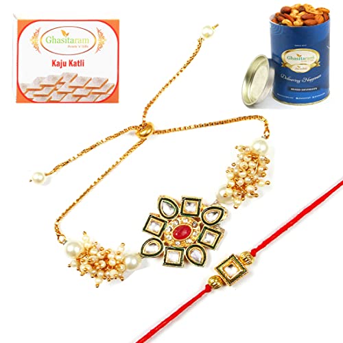 Ghasitaram Gifts Rakhis Online - Rakhi for Brother-RT-Stone Bhaiya Bhabhi Rakhi with 100 gms of Dryfruits Mix Can 200 gms of Kaju katli von Ghasitaram Gifts