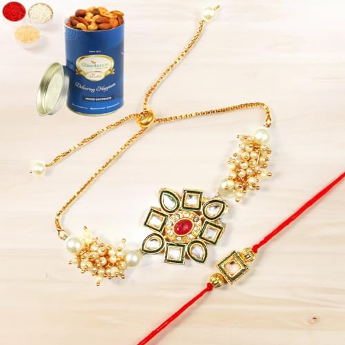 Ghasitaram Gifts Rakhis Online - Rakhi for Brother-RT-Stone Bhaiya Bhabhi Rakhi with 100 gms of Dryfruits Mix Can von Ghasitaram Gifts