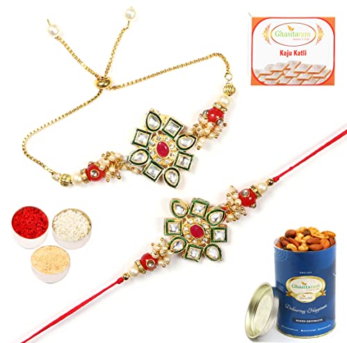 Ghasitaram Gifts Rakhis Online - Rakhi for Brother-RT-Stone Pair Bhaiya Bhabhi Rakhi with 100 gms of Dryfruits Mix Can 200 gms of Kaju katli Ghasitaram Gifts Rakhis Online - Rakhi for Brother-RT-Stone Pair Bhaiya Bhabhi Rakhi with 100 gms of Dryfruits Mix Can 200 gms of Kaju katli von Ghasitaram Gifts
