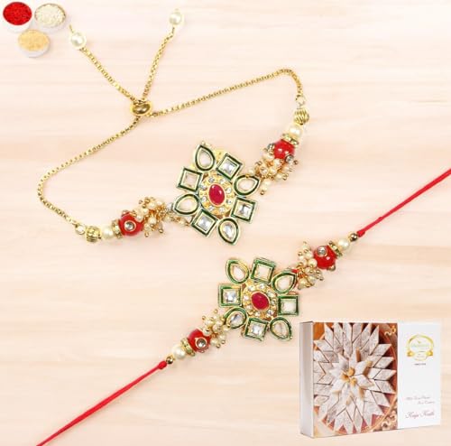 Ghasitaram Gifts Rakhis Online - Rakhi for Brother-RT-Stone Pair Bhaiya Bhabhi Rakhi with 200 gms of Kaju katli von Ghasitaram Gifts