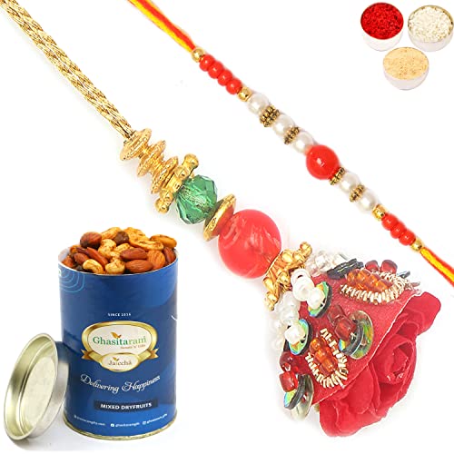 Ghasitaram Gifts Rakhis Online - Rakhi for Brother- Red Velvet Bhaiya Bhabhi rakhi with 100 gms of Dryfruits Mix Can von Ghasitaram Gifts