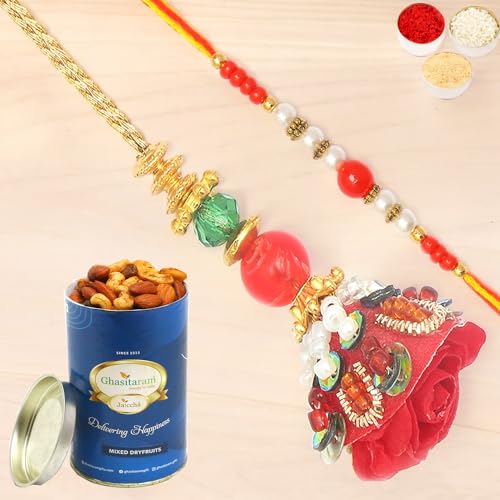 Ghasitaram Gifts Rakhis Online - Rakhi for Brother- Red Velvet Bhaiya Bhabhi rakhi with 100 gms of Dryfruits Mix Can Ghasitaram Gifts Rakhis Online - Rakhi for Brother- Red Velvet Bhaiya Bhabhi rakhi with 100 gms of Dryfruits Mix Can von Ghasitaram Gifts
