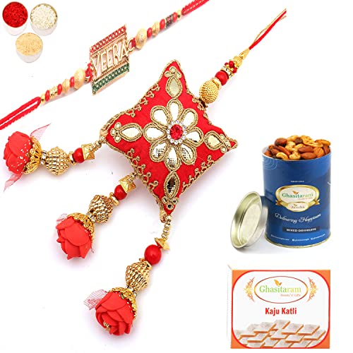 Ghasitaram Gifts Rakhis Online - Rakhi for Brother- Roses of Galore Bhaiya Bhabhi rakhi with 100 gms of Dryfruits Mix Can 200 gms of Kaju katli Ghasitaram Gifts Rakhis Online - Rakhi for Brother- Roses of Galore Bhaiya Bhabhi rakhi with 100 gms of Dryfruits Mix Can 200 gms of Kaju katli von Ghasitaram Gifts