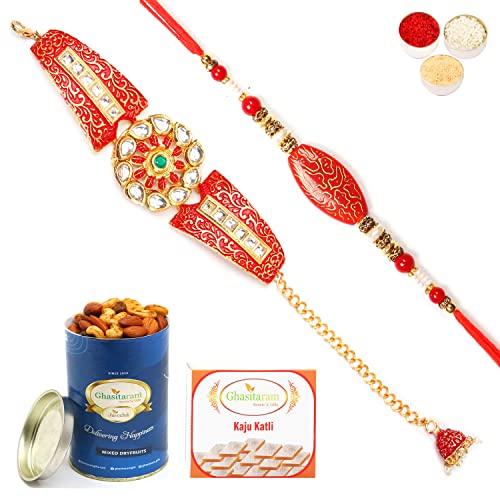 Ghasitaram Gifts Rakhis Online - Rakhi for Brother-T-1 Red Bracelet Bhaiya Bhabhi Rakhi with 100 gms of Dryfruits Mix Can 200 gms of Kaju katli Ghasitaram Gifts Rakhis Online - Rakhi for Brother-T-1 Red Bracelet Bhaiya Bhabhi Rakhi with 100 gms of Dryfruits Mix Can 200 gms of Kaju katli von Ghasitaram Gifts