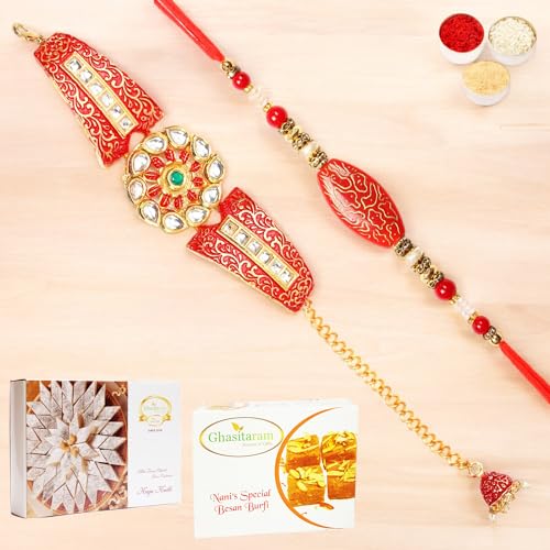 Ghasitaram Gifts Rakhis Online - Rakhi for Brother-T-1 Red Bracelet Bhaiya Bhabhi Rakhi with 200 gms of Besan Barfi and 200 gms of Kaju Katli von Ghasitaram Gifts