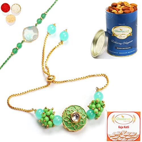 Ghasitaram Gifts Rakhis Online - Rakhi for Brother-T-12 Green Stone Bhaiya Bhabhi Rakhi with 100 gms of Dryfruits Mix Can 200 gms of Kaju katli Ghasitaram Gifts Rakhis Online - Rakhi for Brother-T-12 Green Stone Bhaiya Bhabhi Rakhi with 100 gms of Dryfruits Mix Can 200 gms of Kaju katli von Ghasitaram Gifts