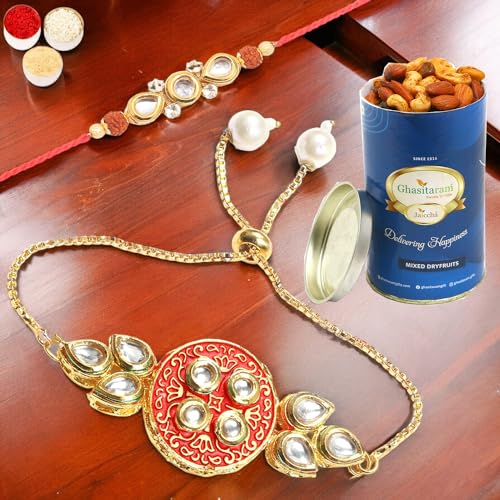 Ghasitaram Gifts Rakhis Online - Rakhi for Brother-T-18 Bhaiya Bhabhi Rakhi with 100 GMS of Dryfruits Mix Can von Ghasitaram Gifts