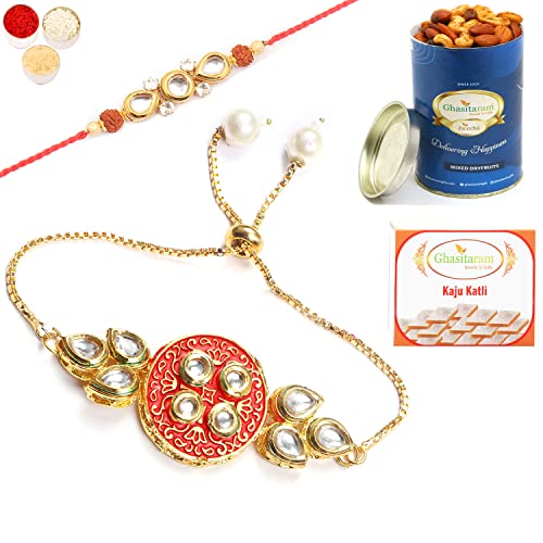 Ghasitaram Gifts Rakhis Online - Rakhi for Brother-T-18 Bhaiya Bhabhi Rakhi with 100 gms of Dryfruits Mix Can 200 gms of Kaju katli Ghasitaram Gifts Rakhis Online - Rakhi for Brother-T-18 Bhaiya Bhabhi Rakhi with 100 gms of Dryfruits Mix Can 200 gms of Kaju katli von Ghasitaram Gifts
