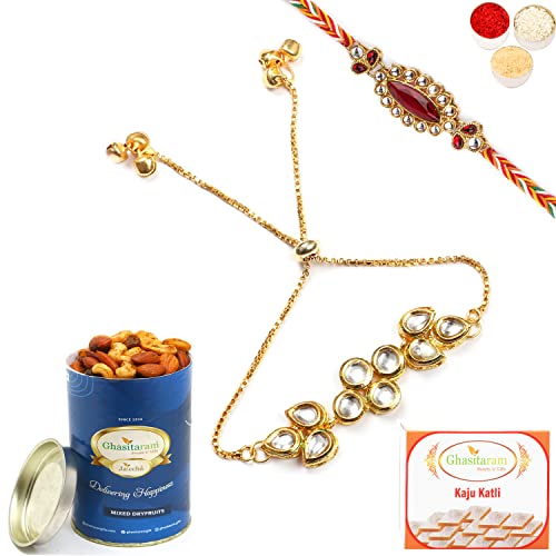 Ghasitaram Gifts Rakhis Online - Rakhi for Brother-T-23 Bhaiya Bhabhi Rakhi with 100 gms of Dryfruits Mix Can 200 gms of Kaju katli von Ghasitaram Gifts