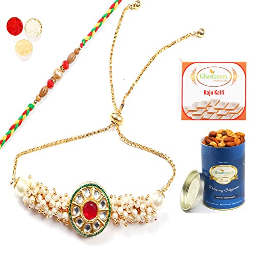 Ghasitaram Gifts Rakhis Online - Rakhi for Brother-T-26 Bhaiya Bhabhi Rakhi with 100 gms of Dryfruits Mix Can 200 gms of Kaju katli von Ghasitaram Gifts