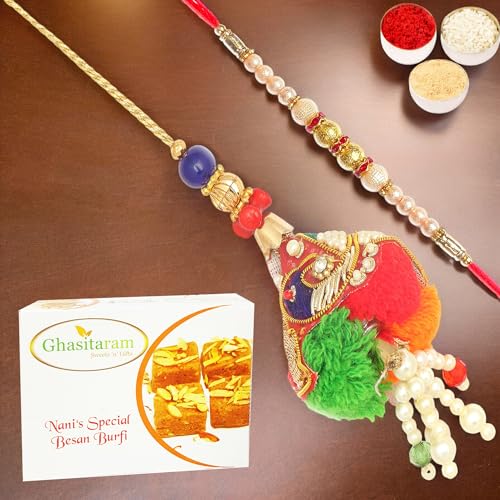 Ghasitaram Gifts Rakhis Online - Rakhi for Brother- The Classical dome Bhaiya Bhabhi Rakhi with 200 gms of Besan Barfi Ghasitaram Gifts Rakhis Online - Rakhi for Brother- The Classical dome Bhaiya Bhabhi Rakhi with 200 gms of Besan Barfi von Ghasitaram Gifts