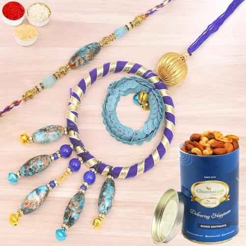 Ghasitaram Gifts Rakhis Online - Rakhi for Brother- The Ever Lasting Bond rm100 Bhaiya Bhabhi Rakhi with 100 gms of Dryfruits Mix Can von Ghasitaram Gifts