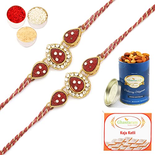 Ghasitaram Gifts Rakhis Online Set of two J-33063 Leaf Rose Jewel Rakhiwith 100 gms of Dryfruits Mix Can 200 gms of Kaju katli Ghasitaram Gifts Rakhis Online Set of two J-33063 Leaf Rose Jewel Rakhiwith 100 gms of Dryfruits Mix Can 200 gms of Kaju katli von Ghasitaram Gifts