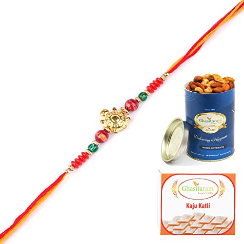 Ghasitaram Gifts Rakhis Online for Brother- 6059 Rakhi Thread with 100 gms of Dryfruits Mix Can 200 gms of Kaju katli von Ghasitaram Gifts
