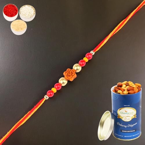 Ghasitaram Gifts Rakhis Online for Brother- 6074 Rakhi Thread with 100 gms of Dryfruits Mix Can von Ghasitaram Gifts