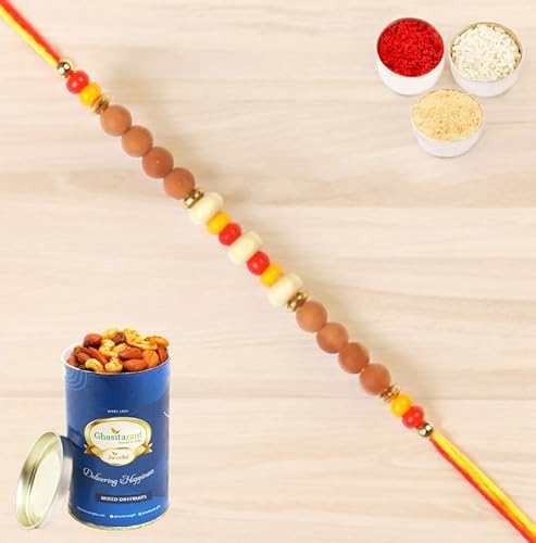 Ghasitaram Gifts Rakhis Online for Brother- 6082 Rakhi Thread with 100 gms of Dryfruits Mix Can von Ghasitaram Gifts