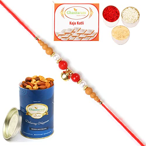 Ghasitaram Gifts Rakhis Online for Brother- 6190 Rakhi Thread with 100 gms of Dryfruits Mix Can 200 gms of Kaju katli von Ghasitaram Gifts