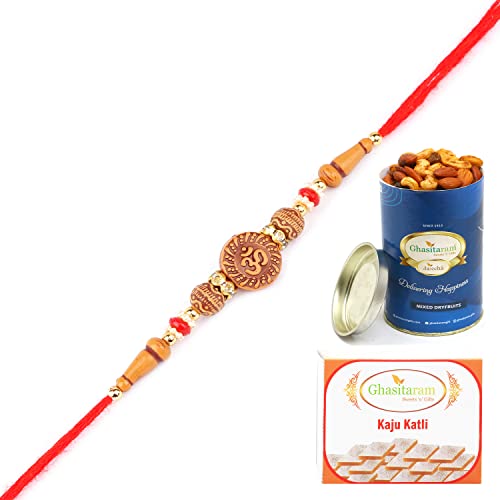 Ghasitaram Gifts Rakhis Online for Brother- 6325 Rakhi Thread with 100 gms of Dryfruits Mix Can 200 gms of Kaju katli von Ghasitaram Gifts