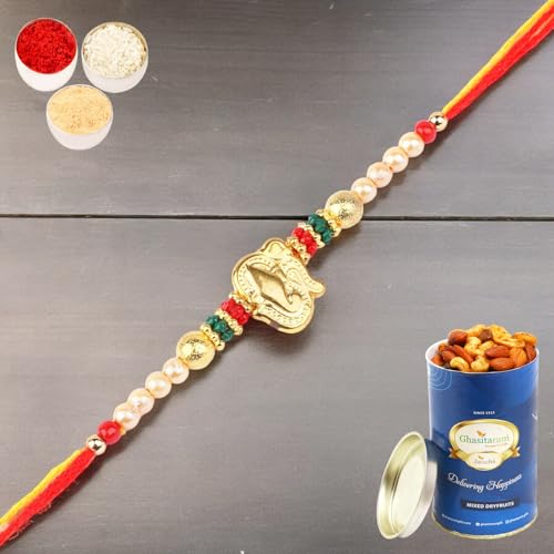 Ghasitaram Gifts Rakhis Online for Brother- R-2110 Rakhi Thread with 100 gms of Dryfruits Mix Can von Ghasitaram Gifts