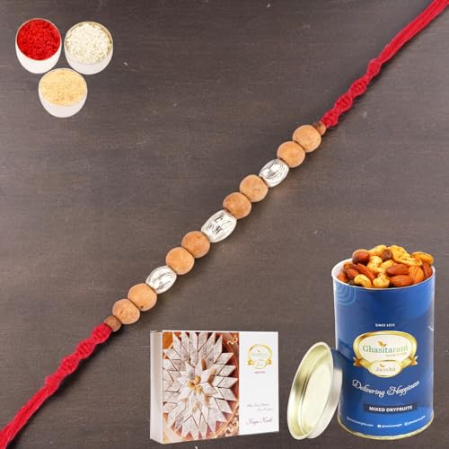 Ghasitaram Gifts Rakhis Online for Brother- Rs-107 Rakhi Thread with 100 gms of Dryfruits Mix Can 200 gms of Kaju katli Ghasitaram Gifts Rakhis Online for Brother- Rs-107 Rakhi Thread with 100 gms of Dryfruits Mix Can 200 gms of Kaju katli von Ghasitaram Gifts