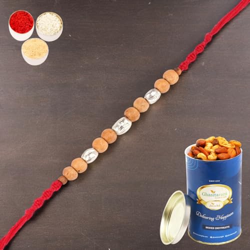 Ghasitaram Gifts Rakhis Online for Brother- Rs-107 Rakhi Thread with 100 gms of Dryfruits Mix Can von Ghasitaram Gifts