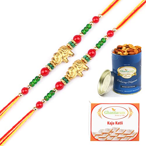 Ghasitaram Gifts Rakhis Online for Brother- -Set of 2-6043 Rakhi Thread with 100 gms of Dryfruits Mix Can 200 gms of Kaju katli Ghasitaram Gifts Rakhis Online for Brother- -Set of 2-6043 Rakhi Thread with 100 gms of Dryfruits Mix Can 200 gms of Kaju katli von Ghasitaram Gifts