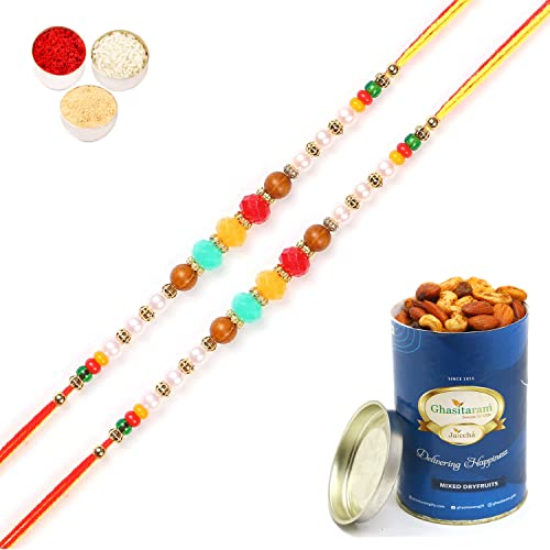 Ghasitaram Gifts Rakhis Online for Brother- Set of 2-6045 Rakhi Thread with 100 gms of Dryfruits Mix Can von Ghasitaram Gifts