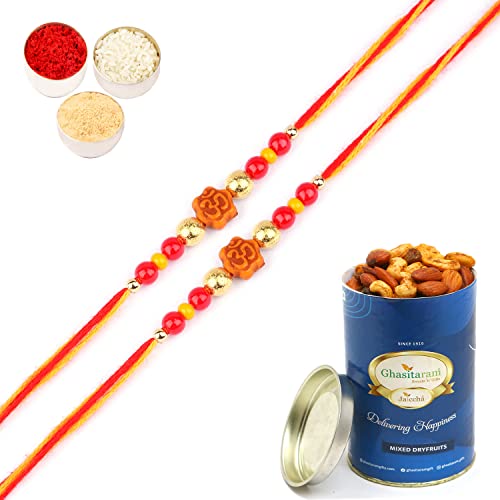 Ghasitaram Gifts Rakhis Online for Brother- Set of 2- 6074 Rakhi Thread with 100 GMS of Dryfruits Mix Can von Ghasitaram Gifts