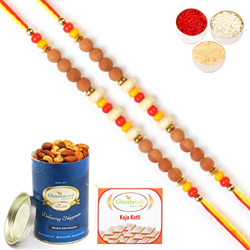 Ghasitaram Gifts Rakhis Online for Brother- Set of 2-6082 Rakhi Thread with 100 gms of Dryfruits Mix Can 200 gms of Kaju katli Ghasitaram Gifts Rakhis Online for Brother- Set of 2-6082 Rakhi Thread with 100 gms of Dryfruits Mix Can 200 gms of Kaju katli von Ghasitaram Gifts