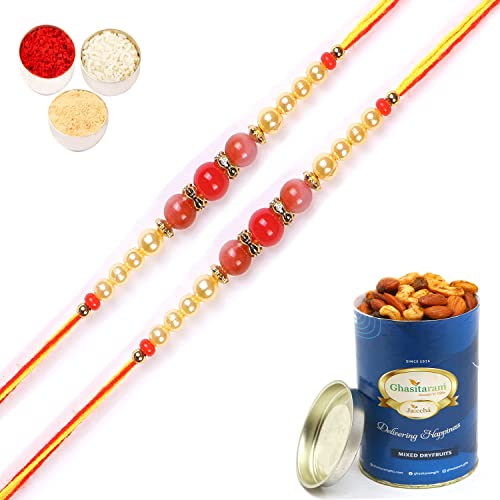 Ghasitaram Gifts Rakhis Online for Brother- Set of 2-6222 Rakhi Thread with 100 gms of Dryfruits Mix Can von Ghasitaram Gifts