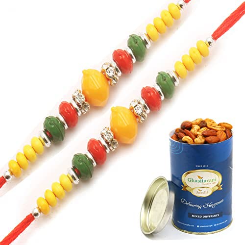 Ghasitaram Gifts Rakhis Online for Brother- Set of 2-6272 Rakhi Thread with 100 gms of Dryfruits Mix Can Ghasitaram Gifts Rakhis Online for Brother- Set of 2-6272 Rakhi Thread with 100 gms of Dryfruits Mix Can von Ghasitaram Gifts