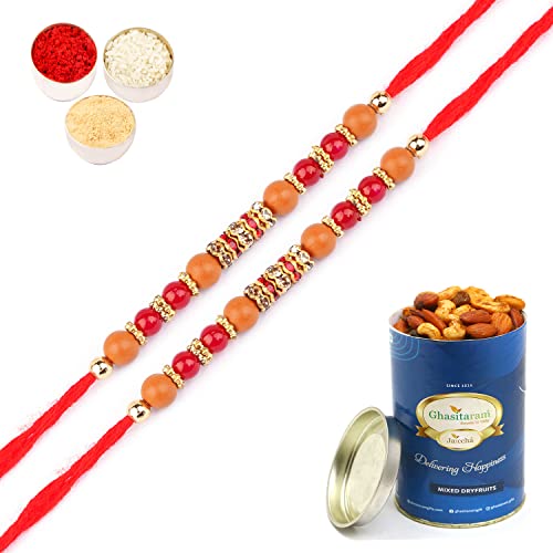 Ghasitaram Gifts Rakhis Online for Brother-Set of 2-6945 Rakhi Thread with 100 gms of Dryfruits Mix Can von Ghasitaram Gifts