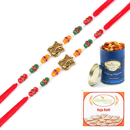 Ghasitaram Gifts Rakhis Online for Brother- Set of 2-6971 Rakhi Thread with 100 gms of Dryfruits Mix Can 200 gms of Kaju katli von Ghasitaram Gifts