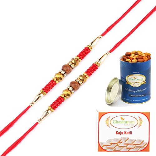 Ghasitaram Gifts Rakhis Online for Brother- Set of 2- Nbh-226 Rakhi Thread with 100 gms of Dryfruits Mix Can 200 gms of Kaju katli von Ghasitaram Gifts