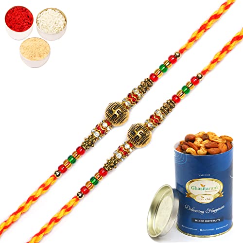 Ghasitaram Gifts Rakhis Online for Brother-Set of 2 - R-2147 Rakhi Thread with 100 gms of Dryfruits Mix Can von Ghasitaram Gifts