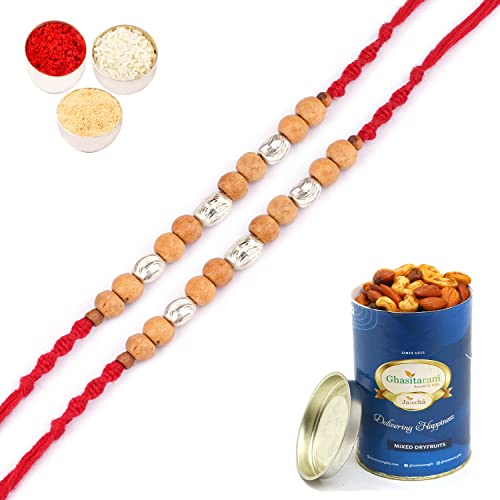 Ghasitaram Gifts Rakhis Online for Brother-Set of 2- Rs-107 Rakhi Thread with 100 gms of Dryfruits Mix Can von Ghasitaram Gifts