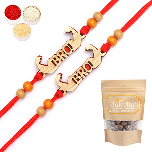 Ghasitaram Gifts Rakhis for Brother Kids Rakhi - Set of 2 - BW-5705 Wooden Muscle Bro Rakhi with Chocolate Coated Almonds 200 gms von Ghasitaram Gifts