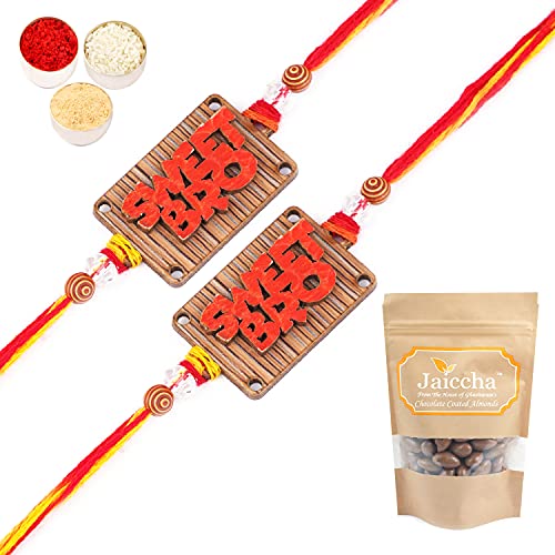 Ghasitaram Gifts Rakhis for Brother Kids Rakhi - Set of 2 - BW-5710 Wooden Sweet Bro Rakhi with Chocolate Coated Almonds 100 gms von Ghasitaram Gifts