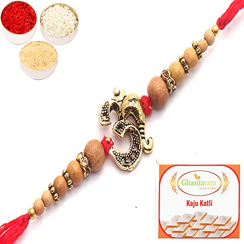 Rakhi for Brother Rakhis Online- Om Ganesha Bonded with Beads of Love Rakhi with 200 GMS of Kaju katli von Ghasitaram Gifts