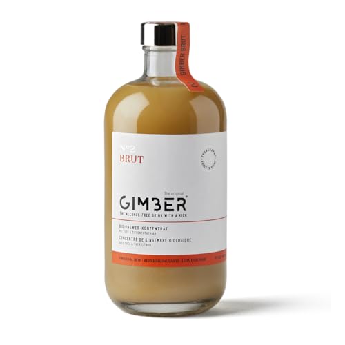 Gimber Biologisches Ingwerkonzentrat 500ml l Neue Rezeptur l Weniger Zucker l Alkoholfreies Bio-Getränk aus Ingwer, Yuzu Frucht und Zitronenthymian | BRUT das neue Bio-Ingwer-Konzentrat von Gimber