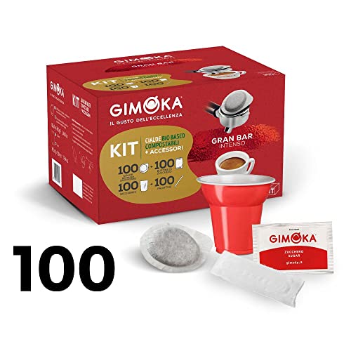 Gimoka - Kompatibel Für Easy Serving Espresso - Cialde Ese 44 - Kit 100 Kaffeekapseln, Tassen, Beutel Und Schaufeln - Geschmack GRAN BAR INTENSO MIT KIT - 12 - In Kompostierbarem Papier von Gimoka