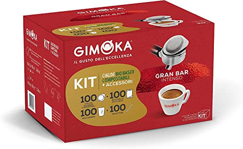 Gimoka - Kompatibel Für Easy Serving Espresso - Cialde Ese 44 - Kit 100 Kaffeekapseln, Tassen, Beutel Und Schaufeln - Geschmack GRAN BAR INTENSO MIT KIT - 12 - In Kompostierbarem Papier von Gimoka