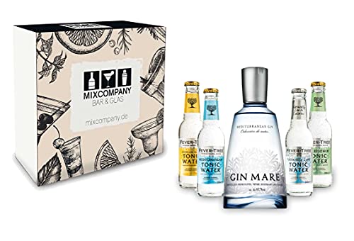 Gin Tonic Set Giftbox Geschenkset - Gin Mare Mediterranean Gin 0,5l (42,7% Vol) + 4x Fever Tree Tonic Water Mix je 200ml inkl. Pfand MEHRWEG -[Enthält Sulfite] von Gin Mare-Gin Mare