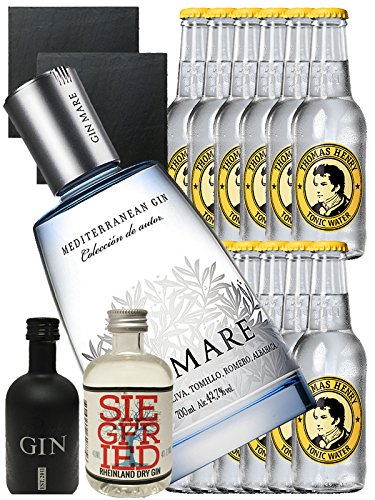 Gin-Set Gin Mare aus Spanien 0,7 Liter + Black Gin Gansloser Deutschland 5cl + Siegfried Dry Gin Deutschland 4cl + 12 x Thomas Henry Tonic Water 0,2 Liter + 2 Schieferuntersetzer quadratisch 9,5 cm von Gin Mare