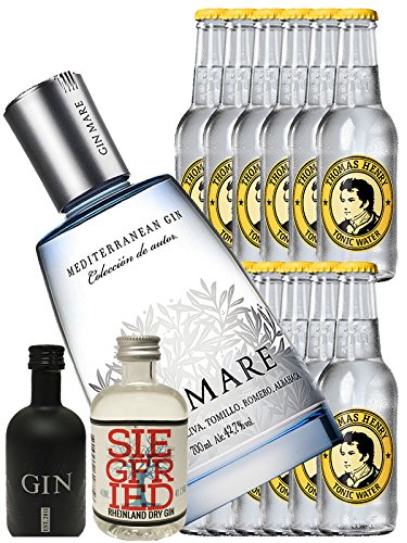 Gin-Set Gin Mare aus Spanien 0,7 Liter + Black Gin Gansloser Deutschland 5cl + Siegfried Dry Gin Deutschland 4cl + 12 x Thomas Henry Tonic Water 0,2 Liter von Gin Mare
