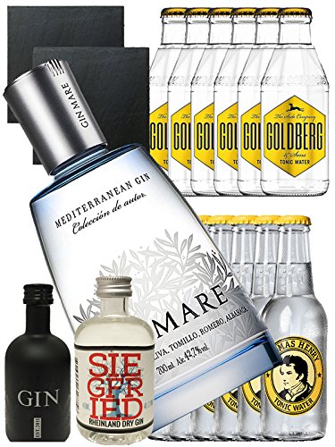 Gin-Set Gin Mare aus Spanien 0,7 Liter + Black Gin Gansloser Deutschland 5cl + Siegfried Dry Gin Deutschland 4cl + 6 x Thomas Henry Tonic Water 0,2 Liter, 6 x Goldberg Tonic Water 0,2 Liter + 2 Schieferuntersetzer quadratisch 9,5 cm von Gin Mare