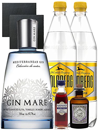 Gin-Set Gin Mare aus Spanien 0,7 Liter + Haymans Sloe Gin 5cl + Monkey 47 Schwarzwald Dry Gin 5 cl MINIATUR + 2 x Goldberg Tonic Water 1,0 Liter + 2 Schieferuntersetzer quadratisch 9,5 cm von Gin Mare