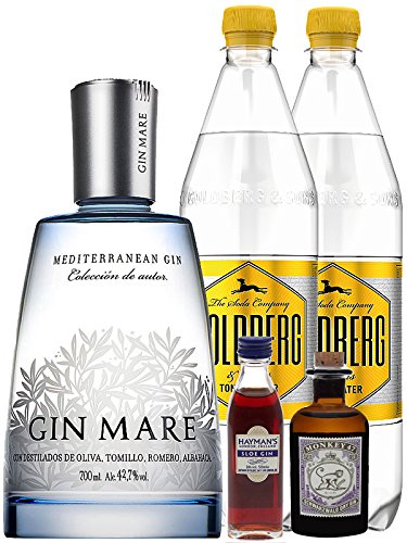 Gin-Set Gin Mare aus Spanien 0,7 Liter + Haymans Sloe Gin 5cl + Monkey 47 Schwarzwald Dry Gin 5 cl MINIATUR + 2 x Goldberg Tonic Water 1,0 Liter von Gin Mare